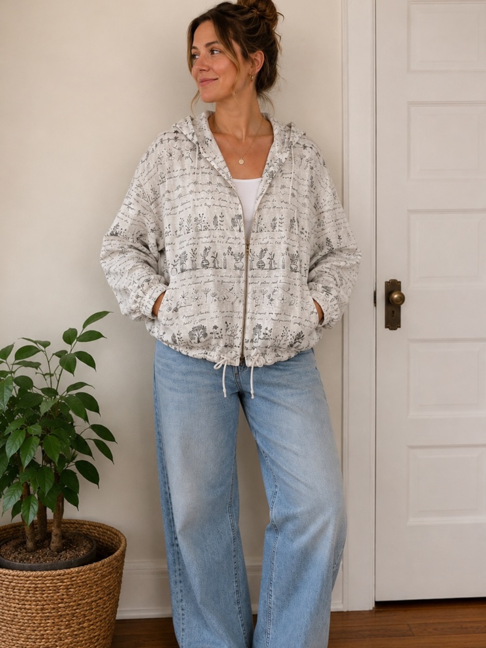 Vintage Garron Linen Botanical Script Zip Hoodie Jacket Boxy Oversized M USA